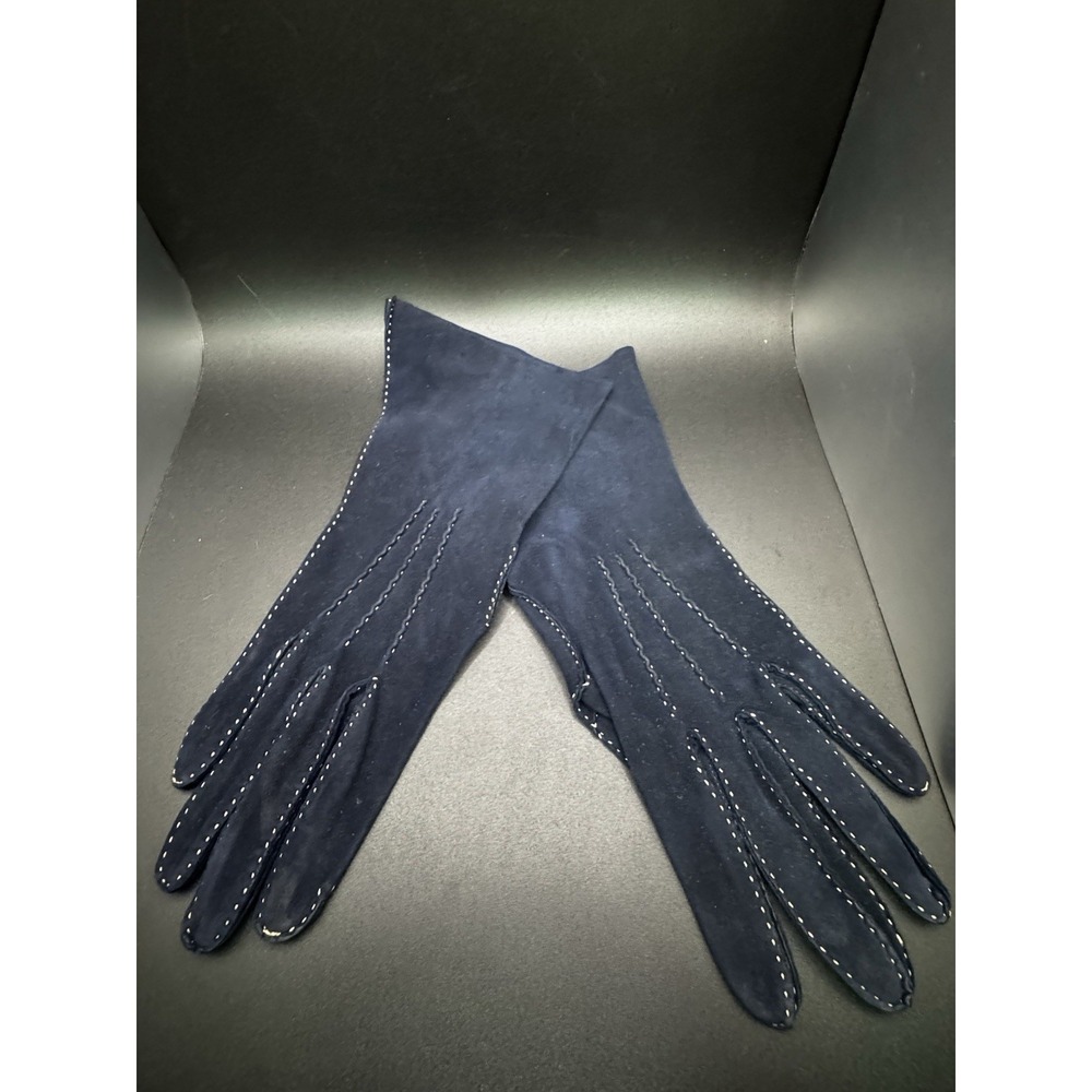 Vintage Blue Suede With Decorative White Stitching Driving Gloves